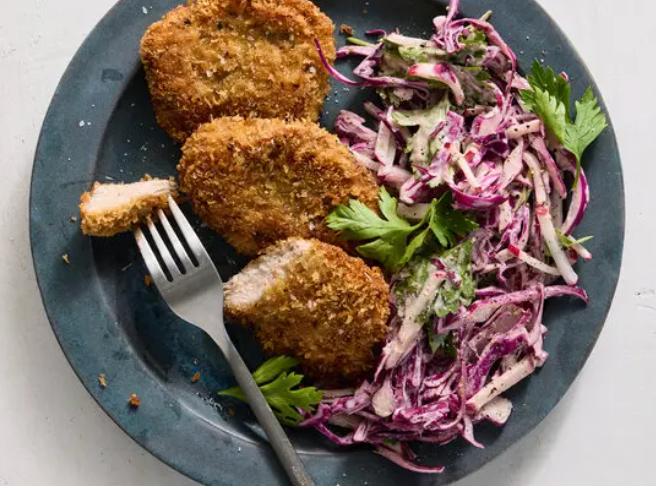 Recipe of Panko-Crusted Pork Tenderloin With Tahini Slaw by Grace Bish