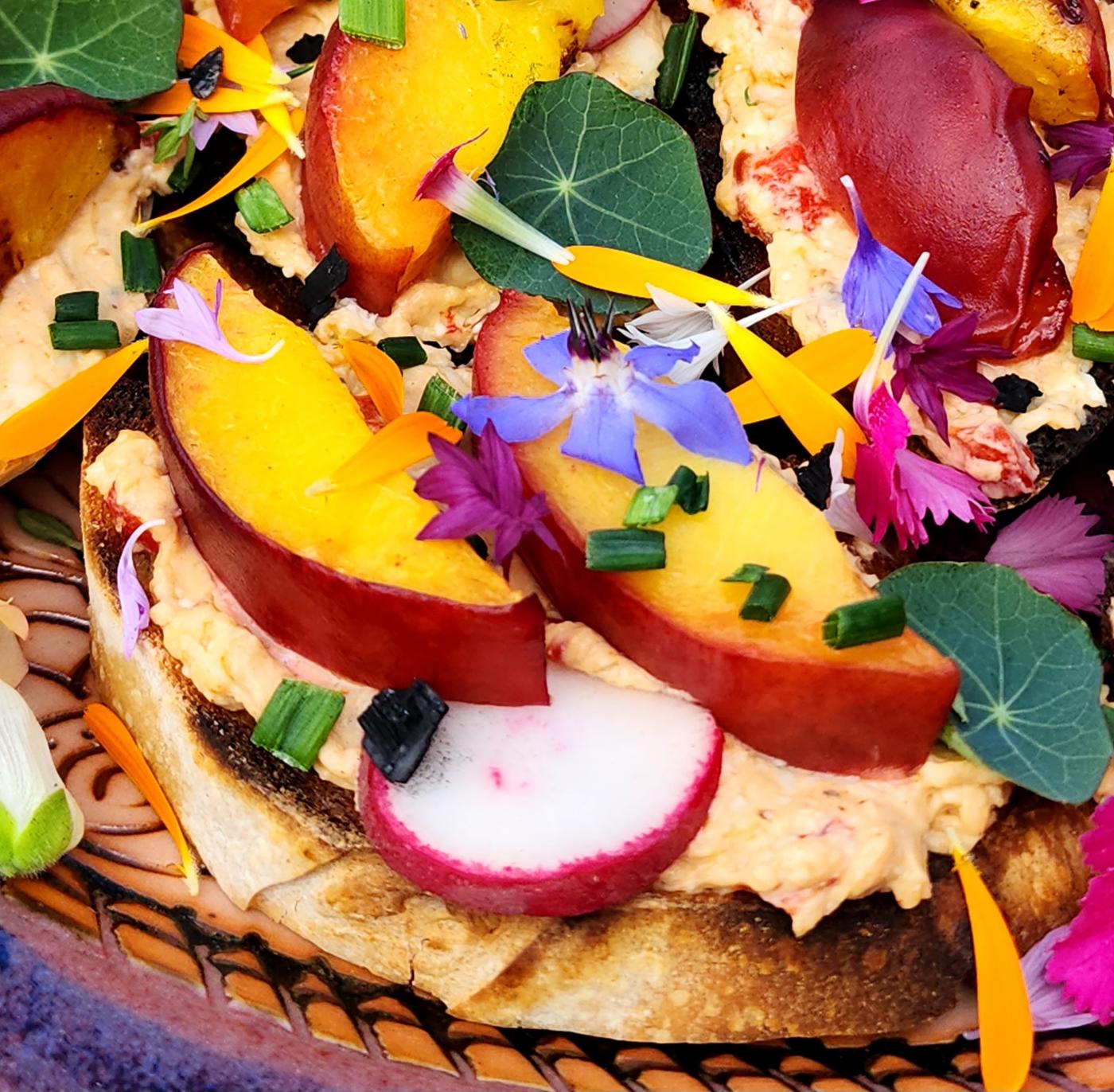 Recipe of Grilled Peach Toast with Pimiento Cheese by Emily