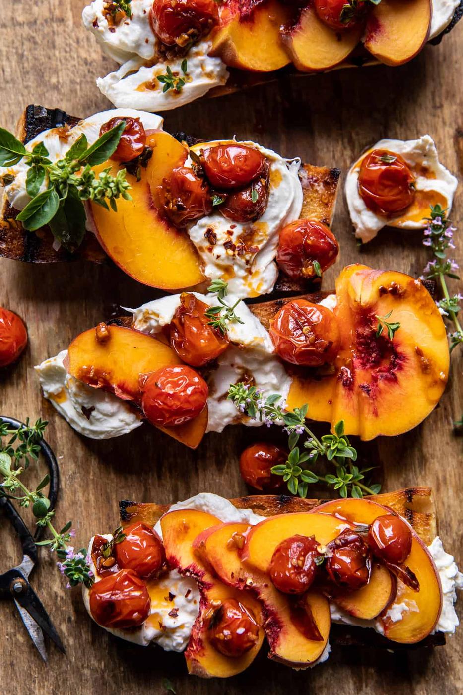 Recipe of Peach Burrata Crostini With Burst Cherry Tomato Vinaigrette by Half Baked Harvest