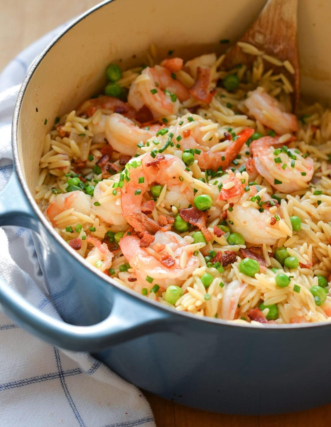 Recipe of Orzo Risotto With Shrimp, Peas & Bacon by Once Upon a Chef